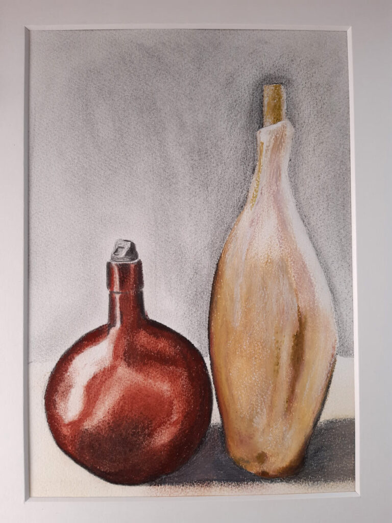 Oil pastel drawing of bottles